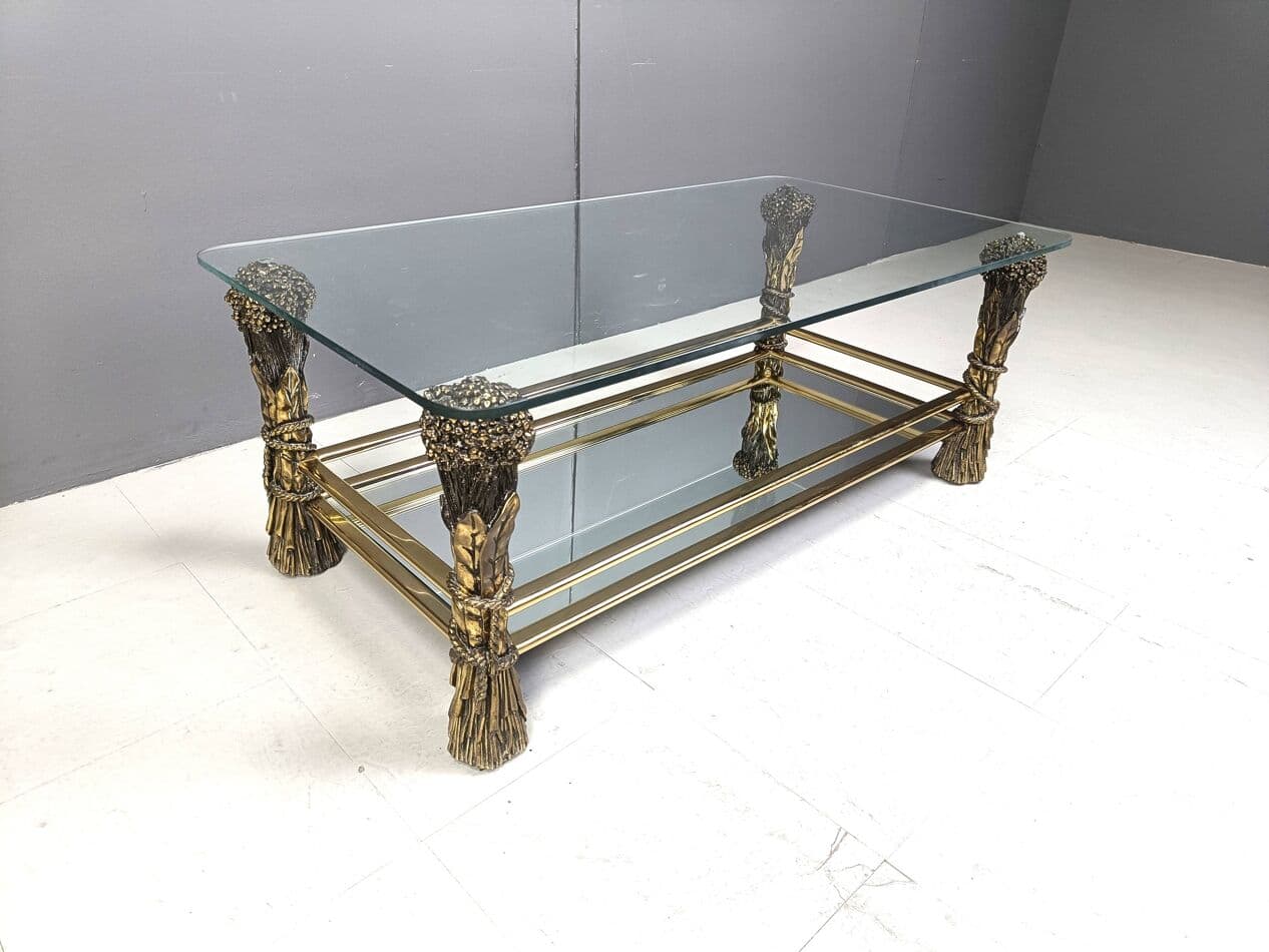 Coffee table, gold brass glass mirror, Belgium, 1970s. - 265141
