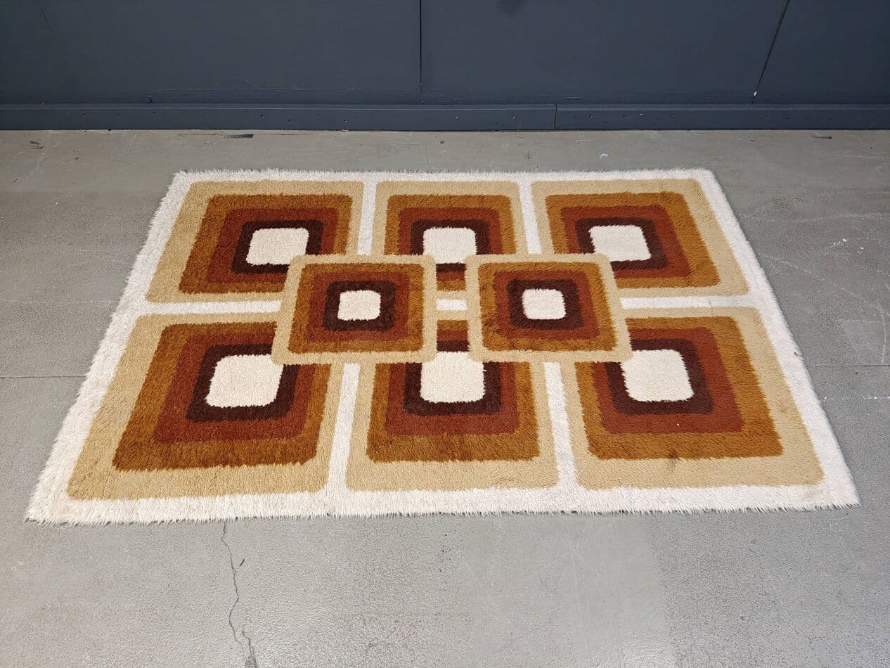 Dywan modernistyczny 190x130 cm, brązowy, wełna bawełna, Belgia, lata 70. - 265135