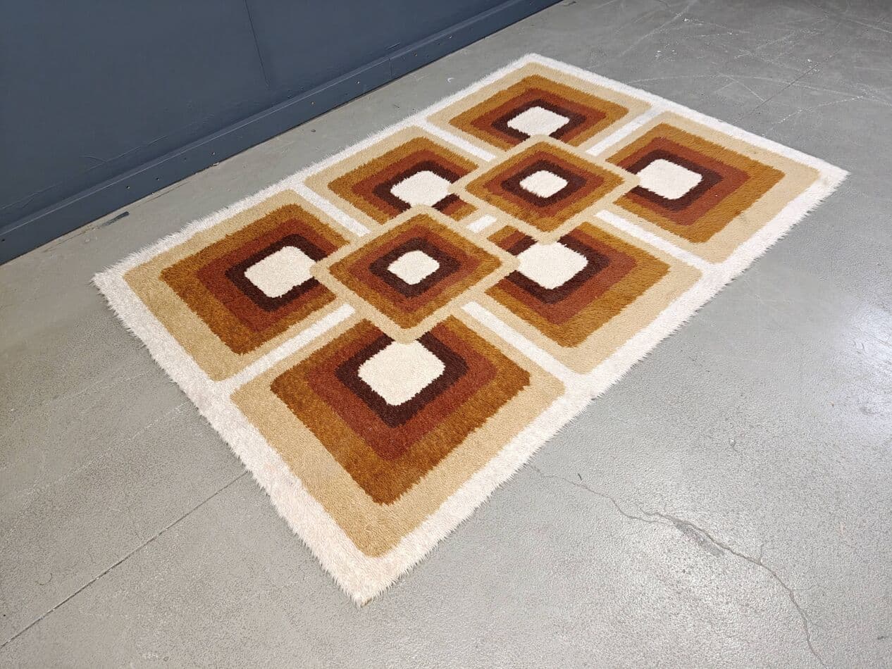 Dywan modernistyczny 190x130 cm, brązowy, wełna bawełna, Belgia, lata 70. - 265134