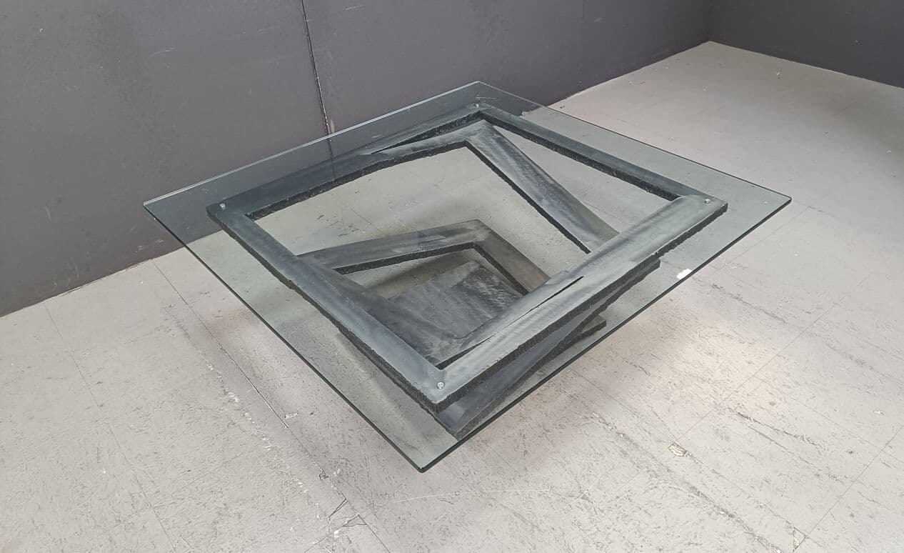 Coffee Table Fleur de Fer, silver steel, clear glass, by M. Barilone, France, 1980s. - 265107