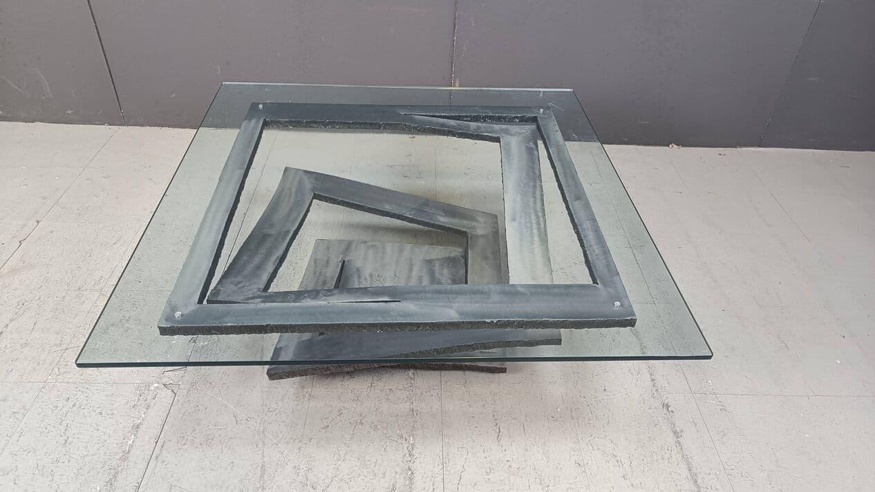 Coffee Table Fleur de Fer, silver steel, clear glass, by M. Barilone, France, 1980s. - 265113