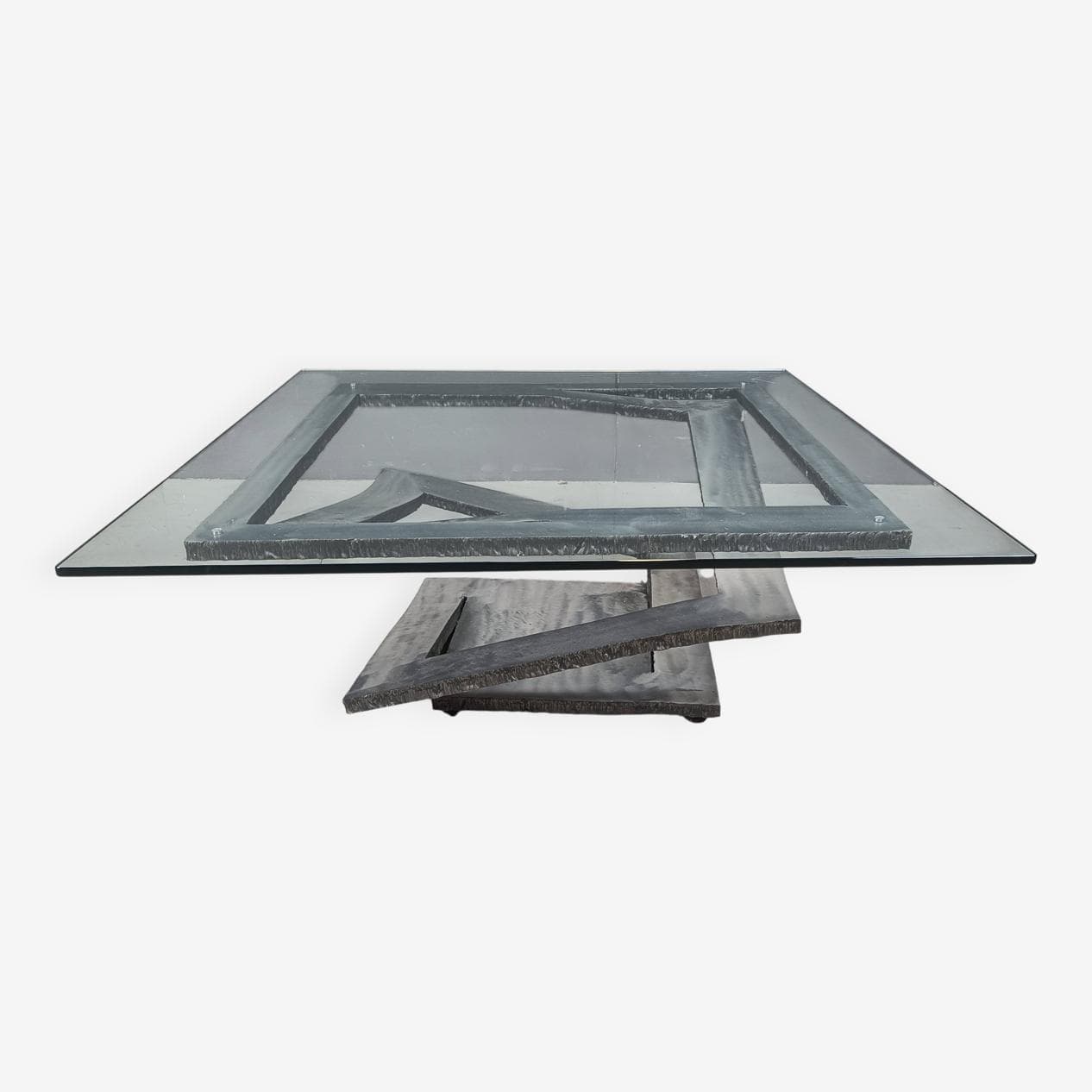 Coffee Table Fleur de Fer, silver steel, clear glass, by M. Barilone, France, 1980s. - 265110