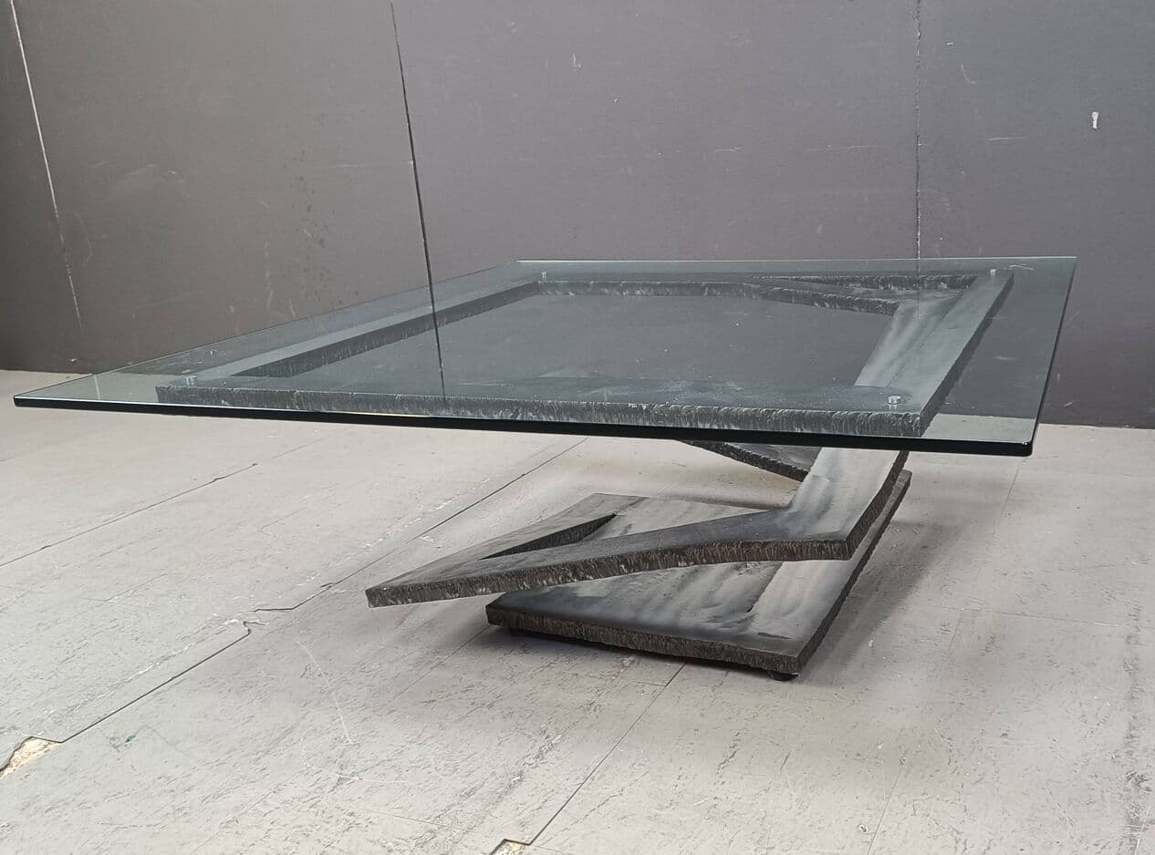 Coffee Table Fleur de Fer, silver steel, clear glass, by M. Barilone, France, 1980s. - 265119