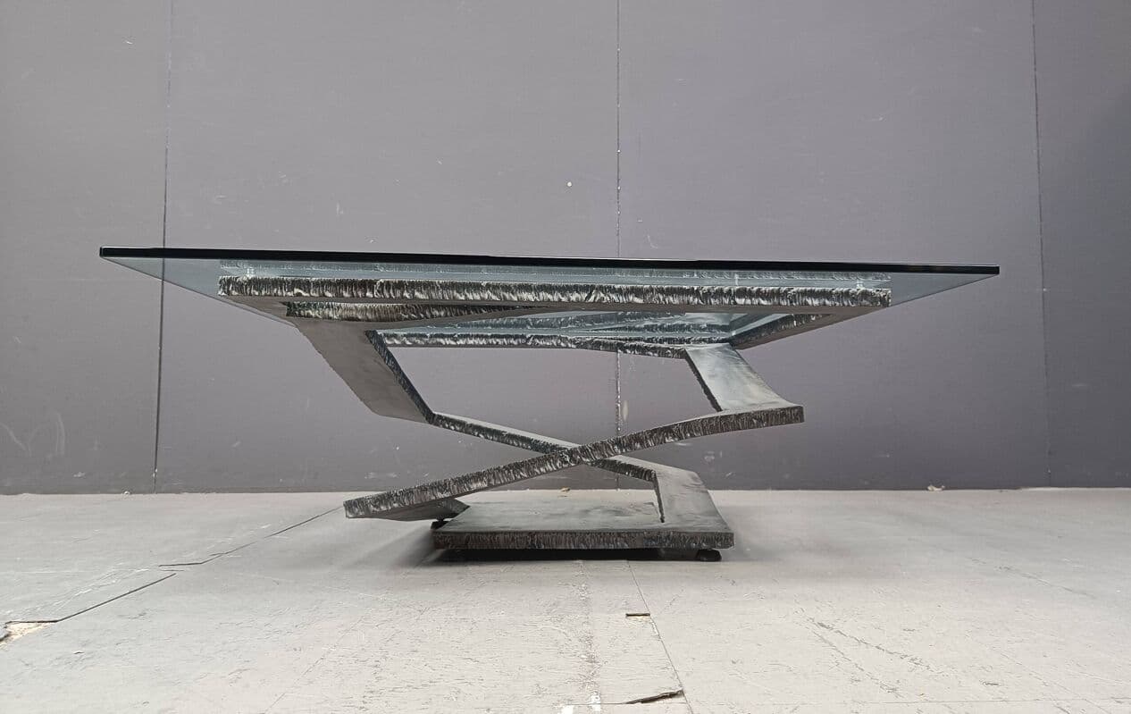 Coffee Table Fleur de Fer, silver steel, clear glass, by M. Barilone, France, 1980s. - 265116