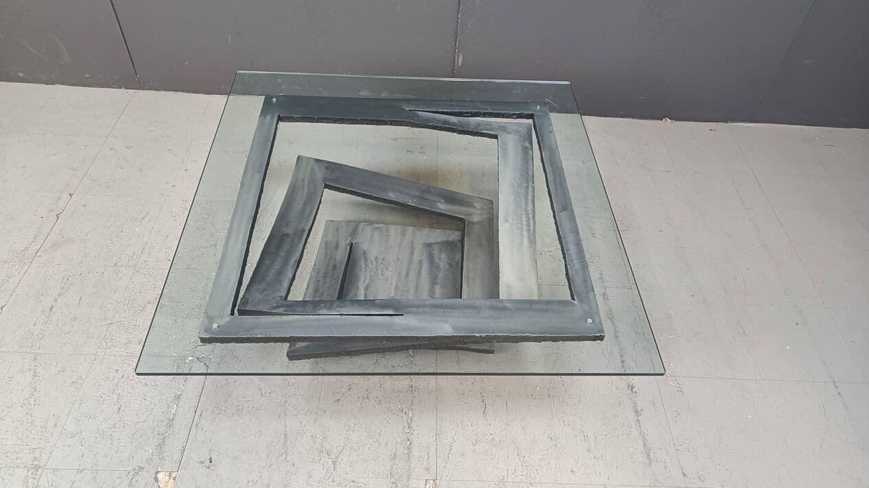 Coffee Table Fleur de Fer, silver steel, clear glass, by M. Barilone, France, 1980s. - 265112