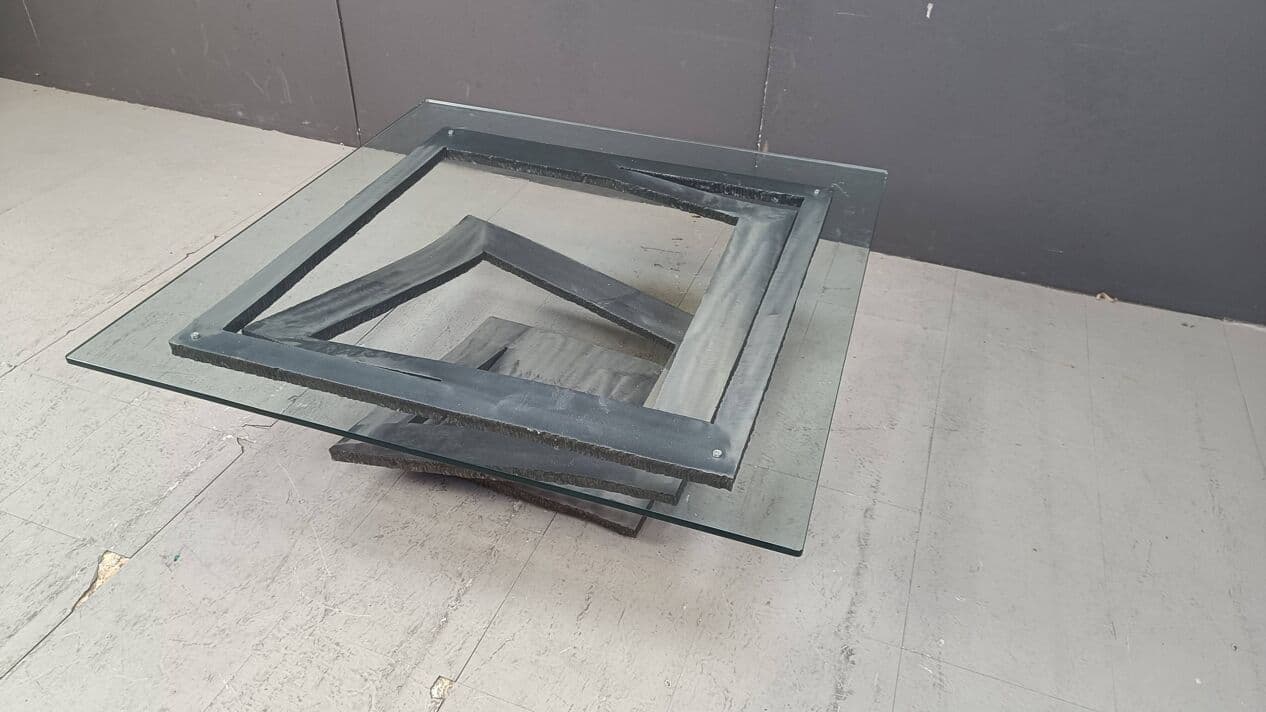 Coffee Table Fleur de Fer, silver steel, clear glass, by M. Barilone, France, 1980s. - 265117