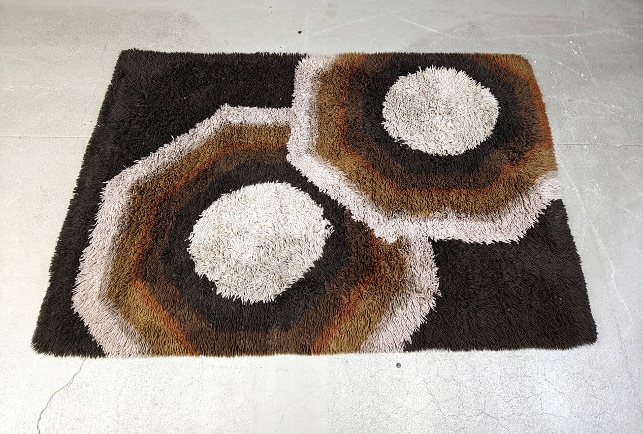 Dywan modernistyczny, 190x130cm, brązowy, wełna bawełna, Belgia, lata 70. - 265098