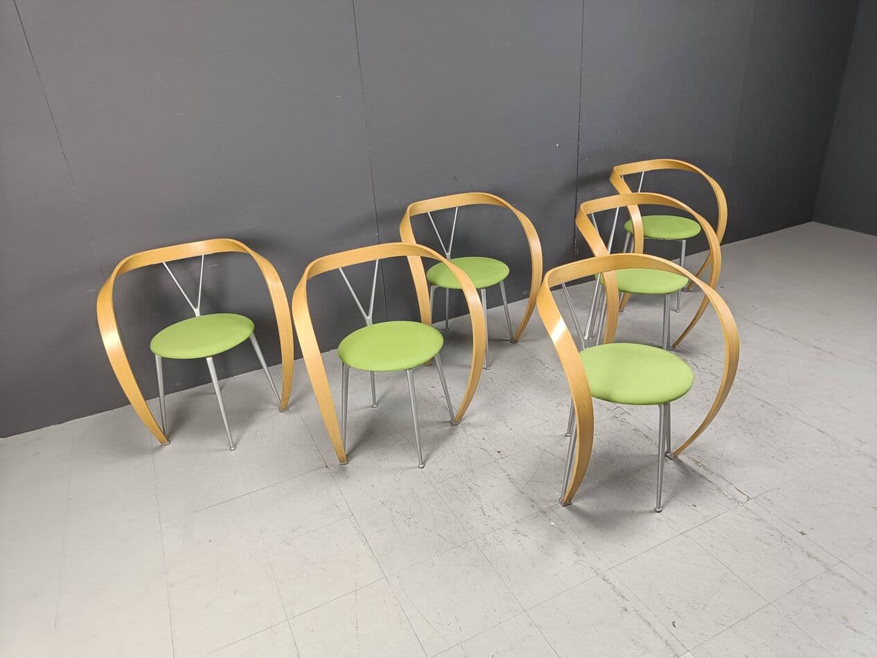 Set of Six Revers Chairs, green cotton, light beech, grey metal, by A. Branzi, Cassina, Italy, 1990s. - 265095