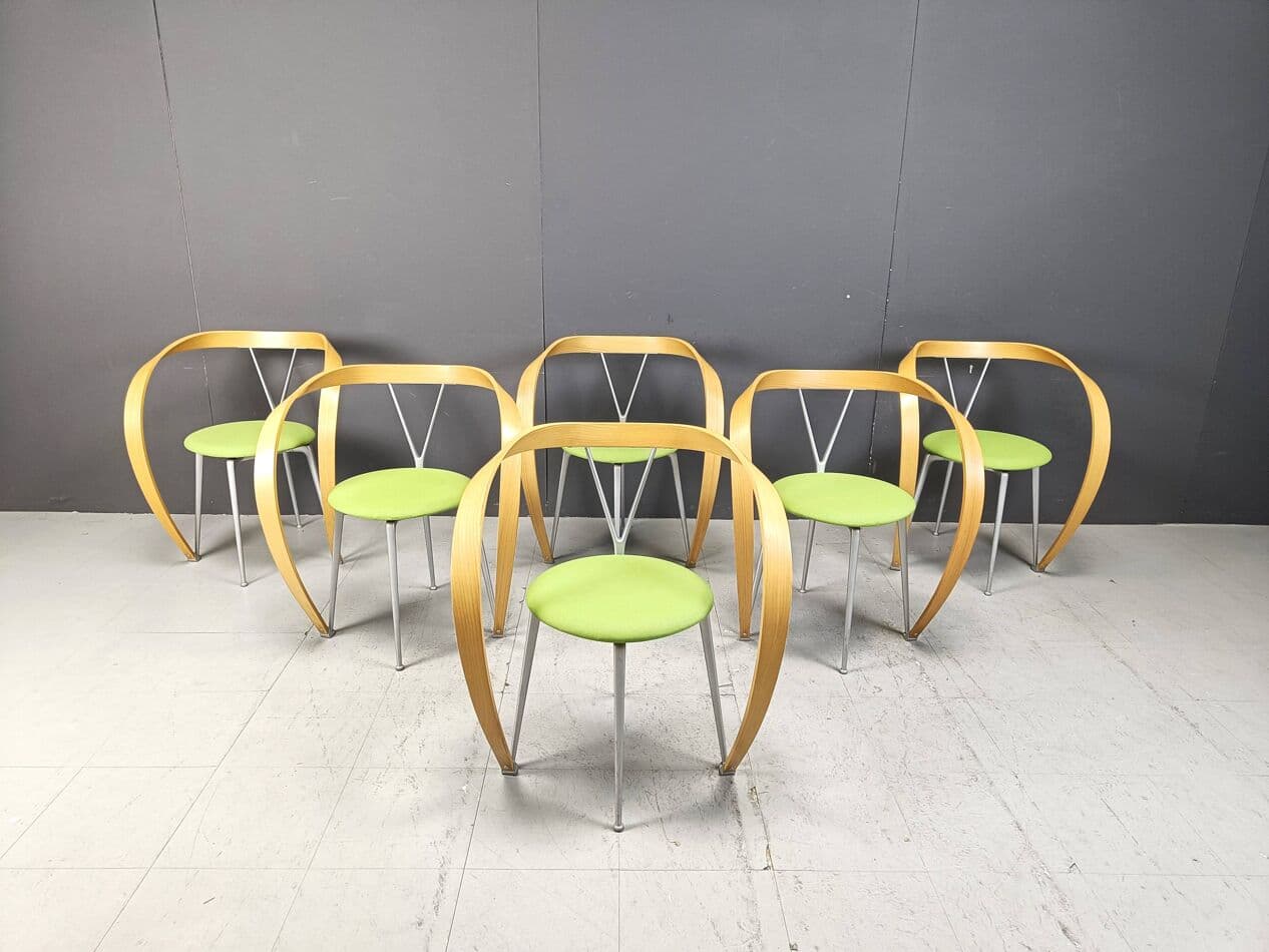 Set of Six Revers Chairs, green cotton, light beech, grey metal, by A. Branzi, Cassina, Italy, 1990s. - 265090