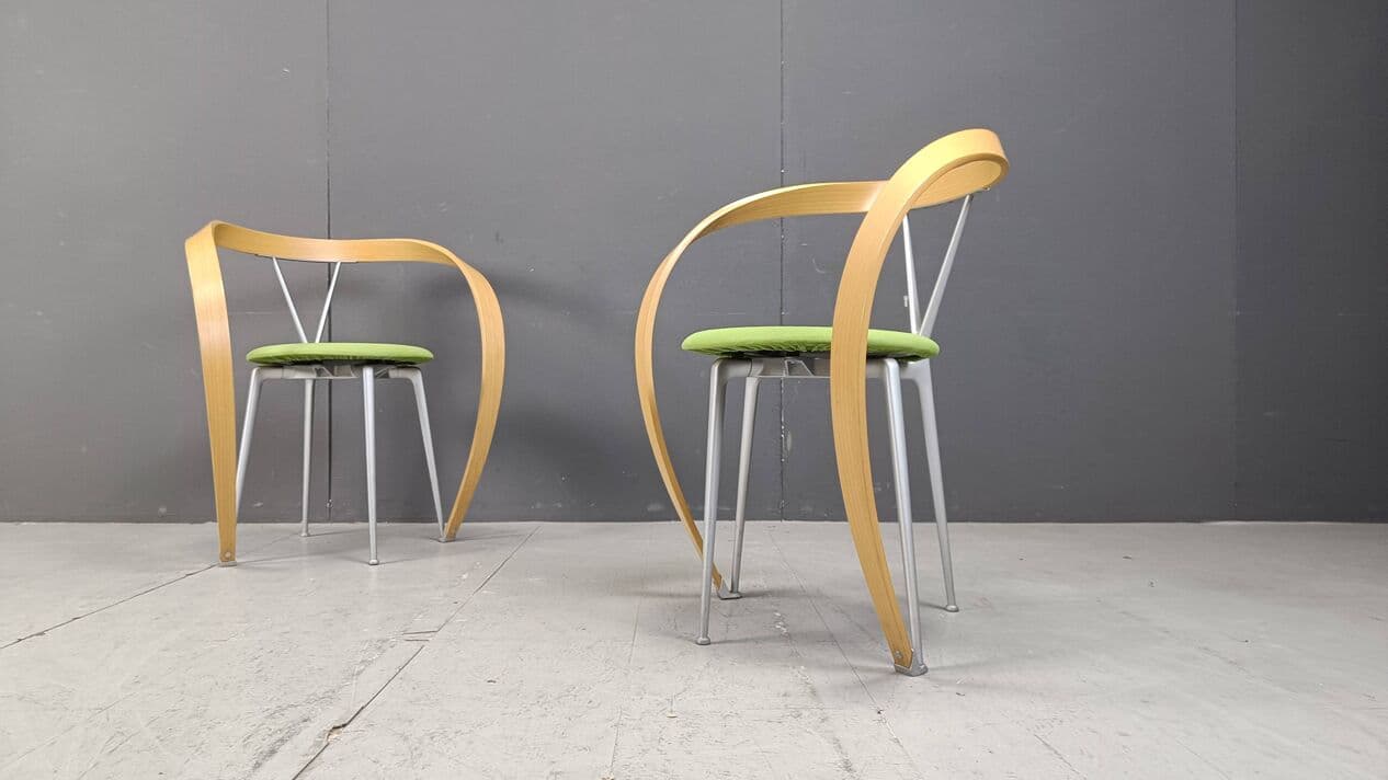Set of Six Revers Chairs, green cotton, light beech, grey metal, by A. Branzi, Cassina, Italy, 1990s. - 265087
