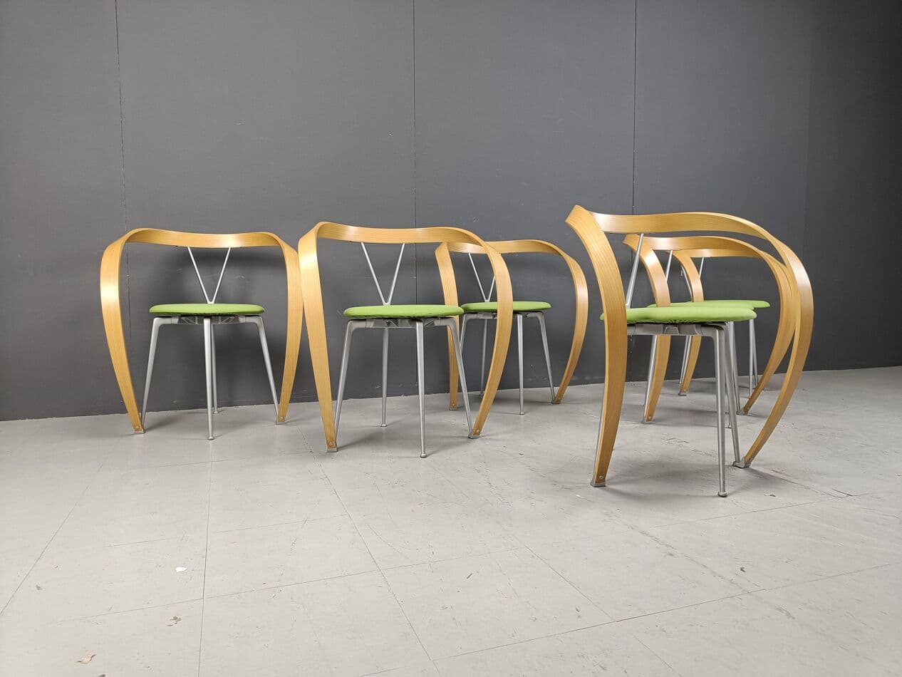 Set of Six Revers Chairs, green cotton, light beech, grey metal, by A. Branzi, Cassina, Italy, 1990s. - 265096