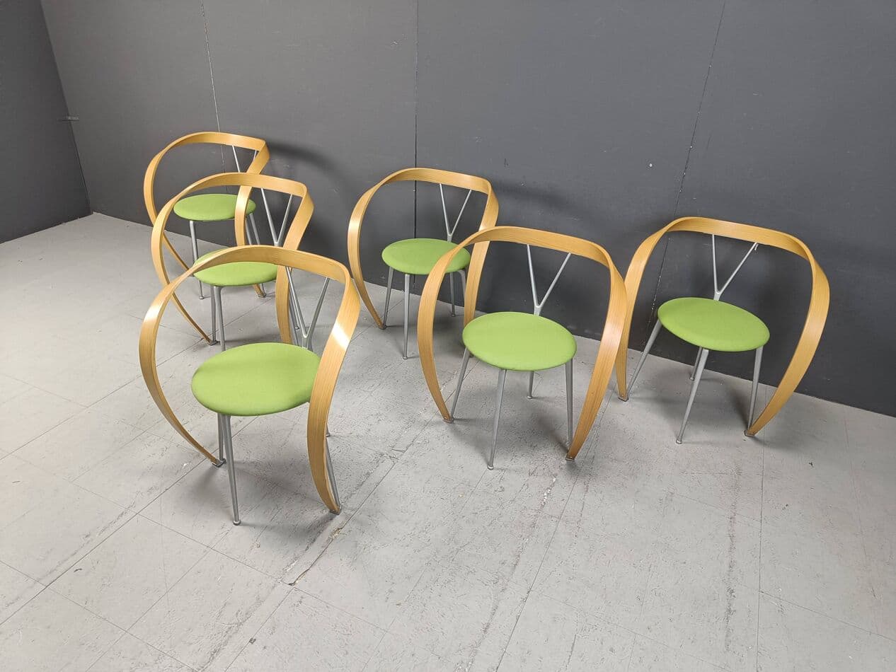 Set of Six Revers Chairs, green cotton, light beech, grey metal, by A. Branzi, Cassina, Italy, 1990s. - 265094