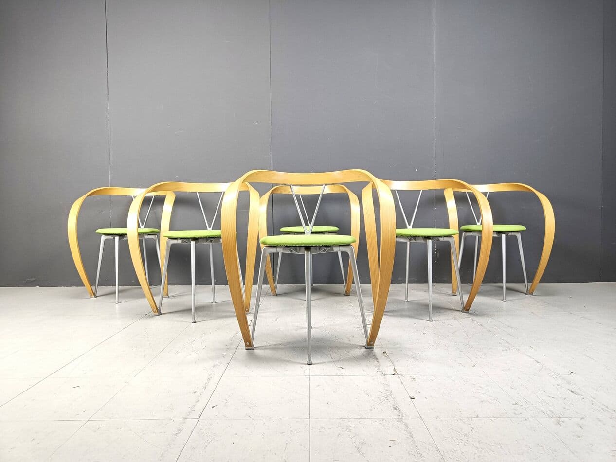 Set of Six Revers Chairs, green cotton, light beech, grey metal, by A. Branzi, Cassina, Italy, 1990s. - 265092