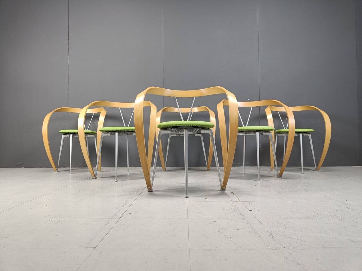 Set of Six Revers Chairs, green cotton, light beech, grey metal, by A. Branzi, Cassina, Italy, 1990s. - 265093