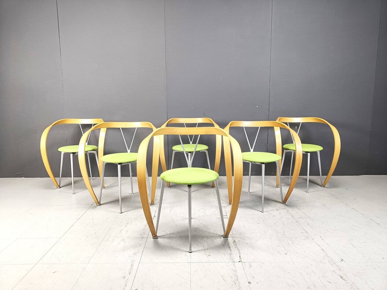 Set of Six Revers Chairs, green cotton, light beech, grey metal, by A. Branzi, Cassina, Italy, 1990s. - 265091