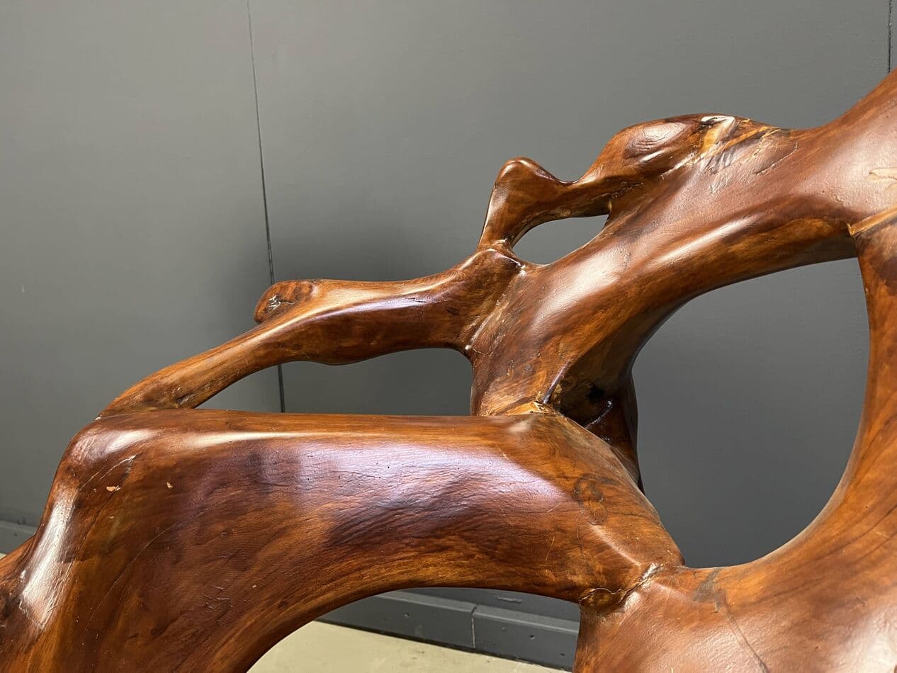 Trzyczęściowy zestaw foteli i stolika, brązowy, drewno oliwne, Francja, lata 60. - 265065