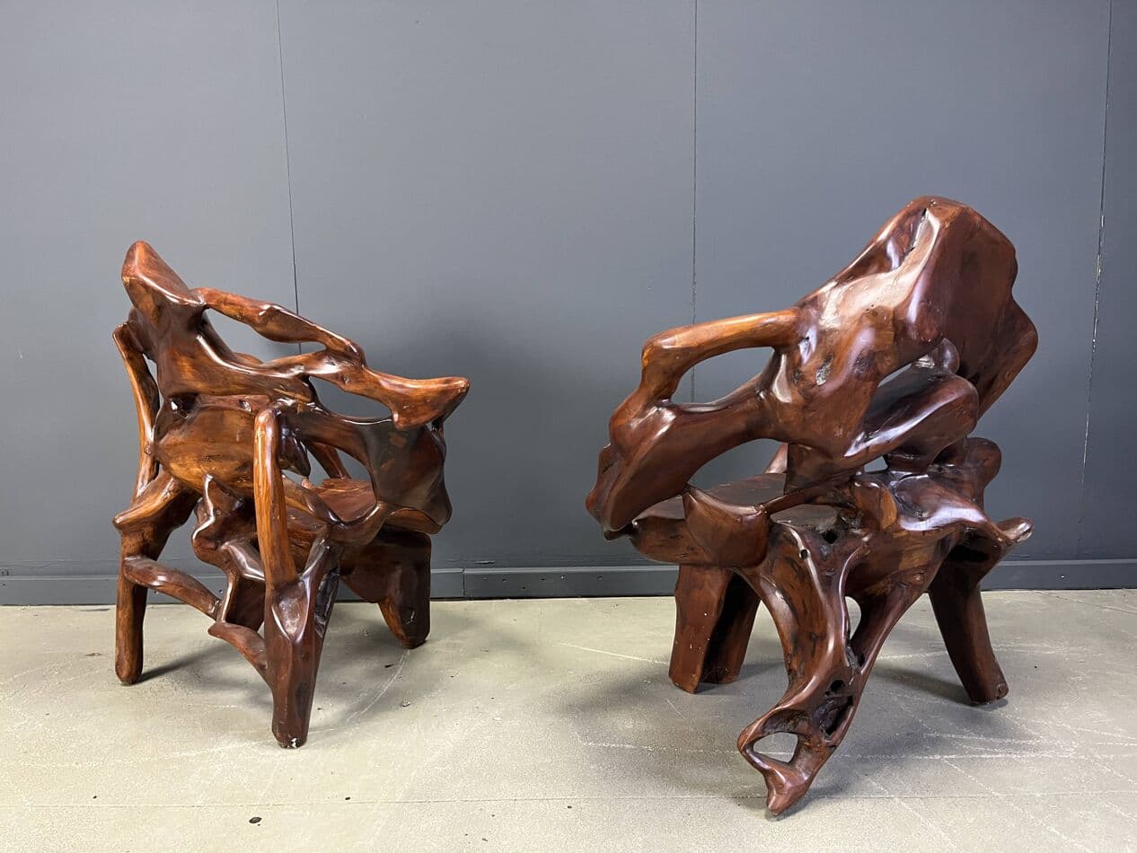 Trzyczęściowy zestaw foteli i stolika, brązowy, drewno oliwne, Francja, lata 60. - 265068