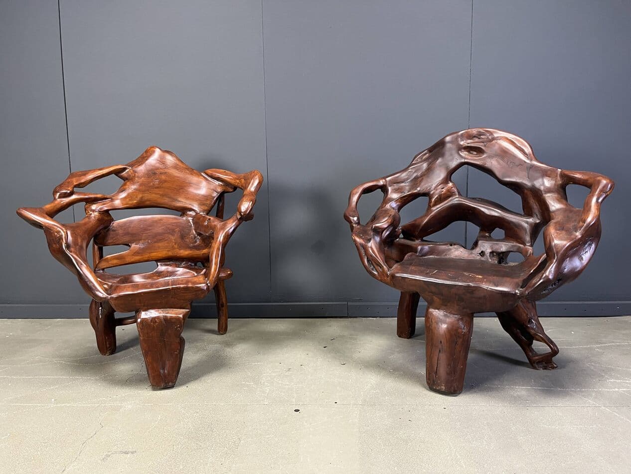 Trzyczęściowy zestaw foteli i stolika, brązowy, drewno oliwne, Francja, lata 60. - 265057