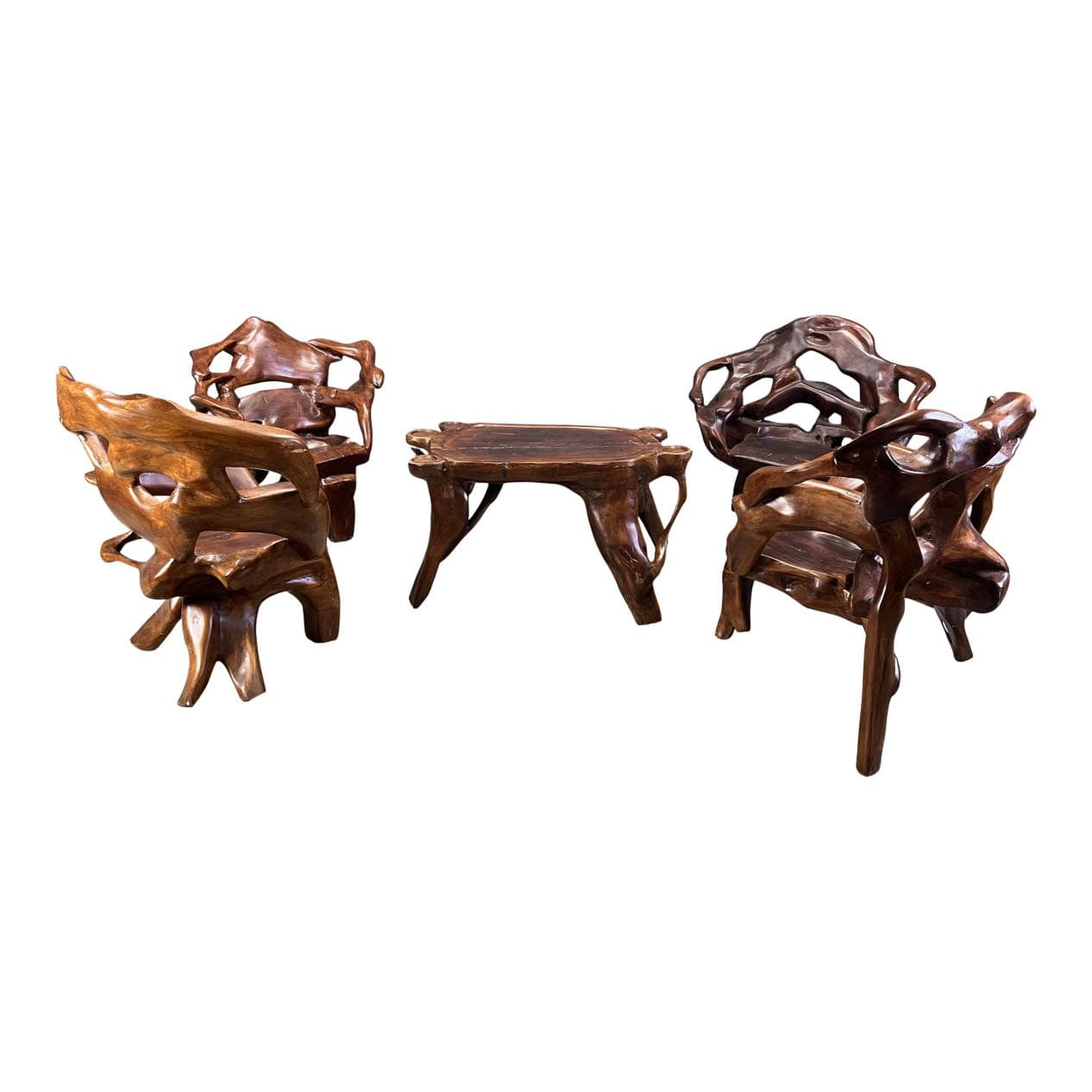 Trzyczęściowy zestaw foteli i stolika, brązowy, drewno oliwne, Francja, lata 60.