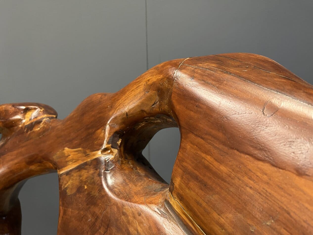 Trzyczęściowy zestaw foteli i stolika, brązowy, drewno oliwne, Francja, lata 60. - 265066