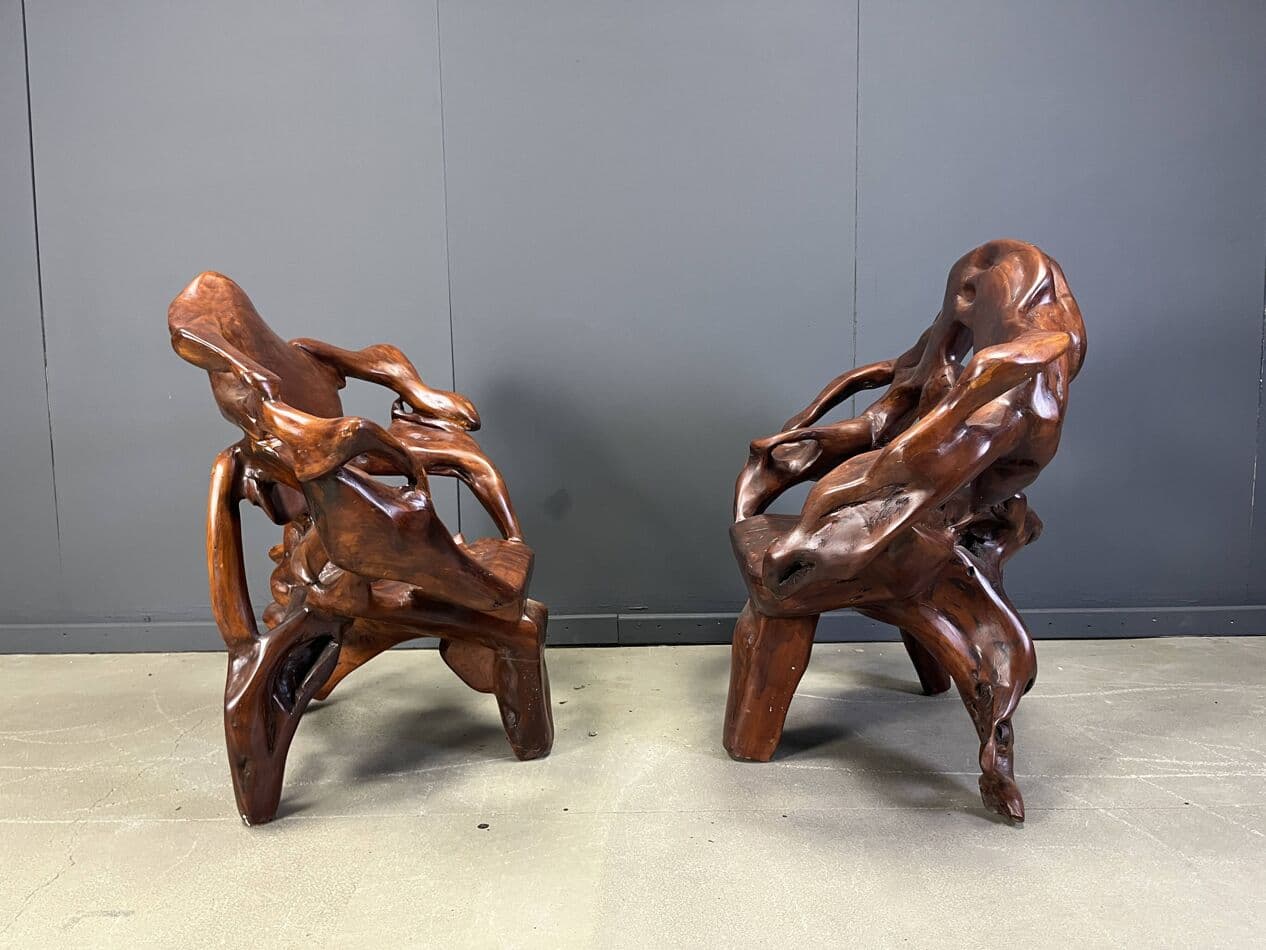 Trzyczęściowy zestaw foteli i stolika, brązowy, drewno oliwne, Francja, lata 60. - 265069