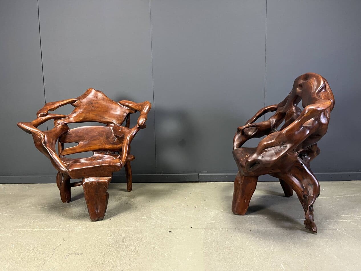 Trzyczęściowy zestaw foteli i stolika, brązowy, drewno oliwne, Francja, lata 60. - 265070