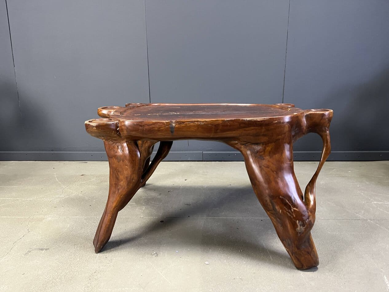 Trzyczęściowy zestaw foteli i stolika, brązowy, drewno oliwne, Francja, lata 60. - 265061