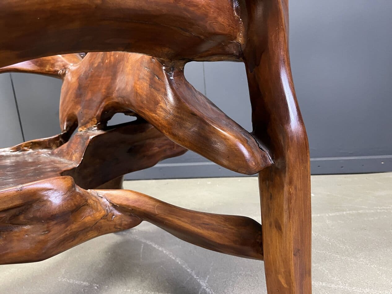 Trzyczęściowy zestaw foteli i stolika, brązowy, drewno oliwne, Francja, lata 60. - 265064