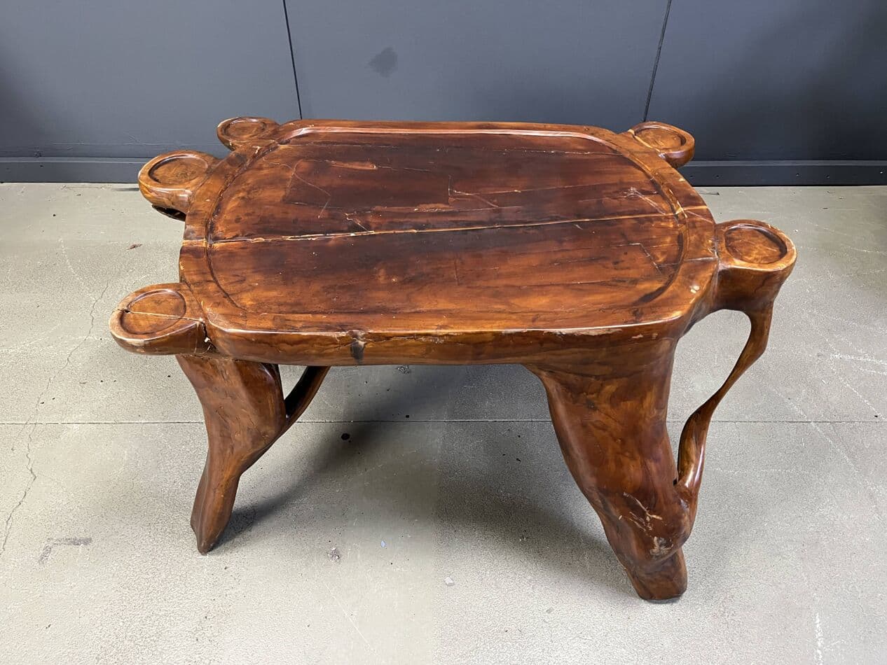 Trzyczęściowy zestaw foteli i stolika, brązowy, drewno oliwne, Francja, lata 60. - 265060