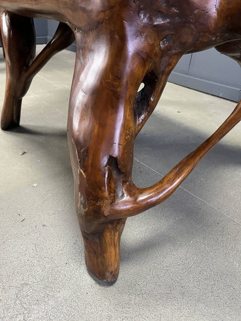 Trzyczęściowy zestaw foteli i stolika, brązowy, drewno oliwne, Francja, lata 60. - 265058