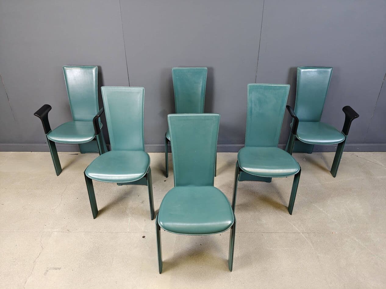 Zestaw sześciu krzeseł jadalnianych, zielona skóra, proj. P. Costantini, Włochy, lata 80. - 265031