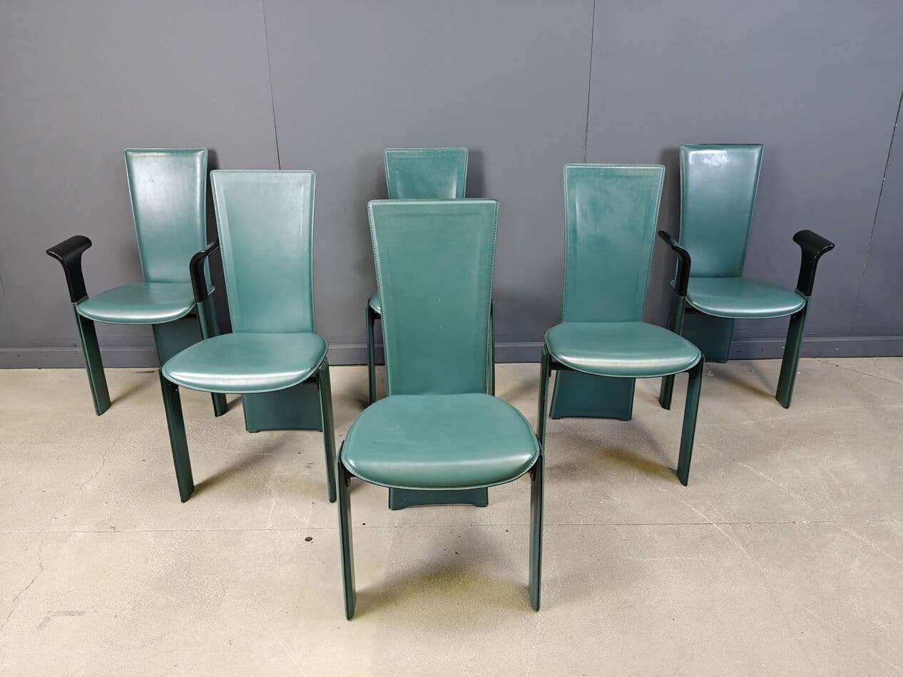 Zestaw sześciu krzeseł jadalnianych, zielona skóra, proj. P. Costantini, Włochy, lata 80. - 265032