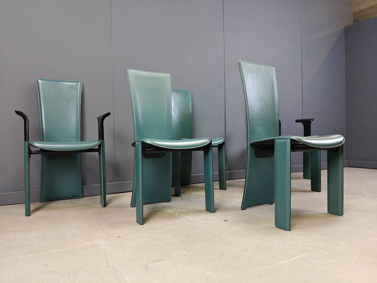 Zestaw sześciu krzeseł jadalnianych, zielona skóra, proj. P. Costantini, Włochy, lata 80. - 265038