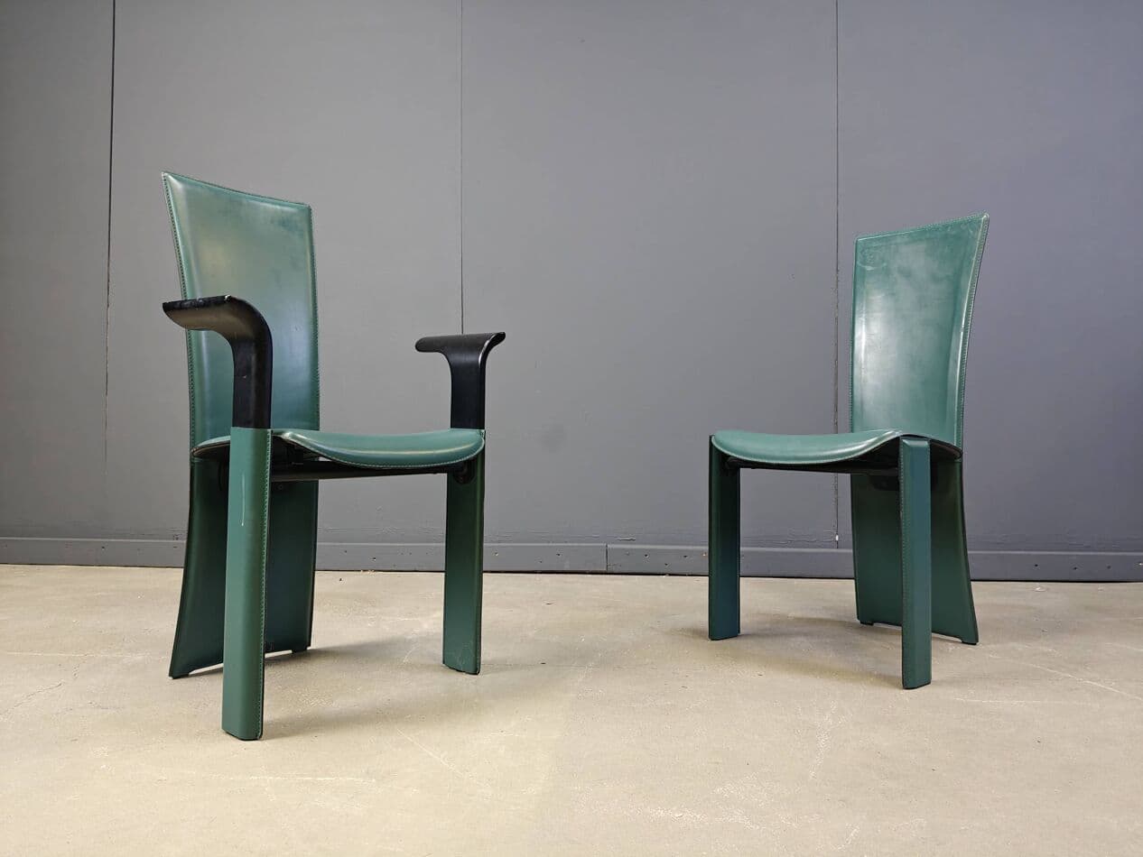Zestaw sześciu krzeseł jadalnianych, zielona skóra, proj. P. Costantini, Włochy, lata 80. - 265034