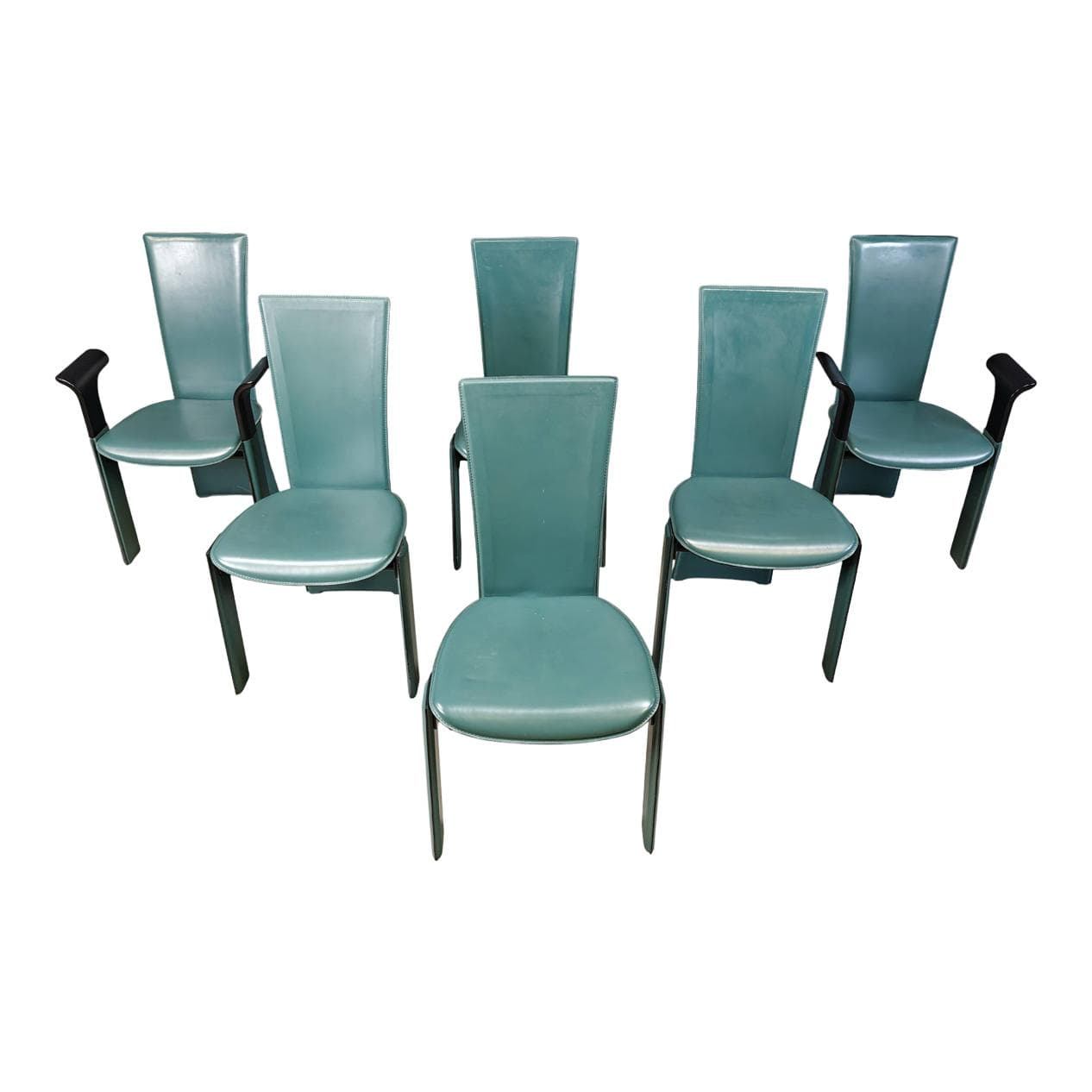 Zestaw sześciu krzeseł jadalnianych, zielona skóra, proj. P. Costantini, Włochy, lata 80.