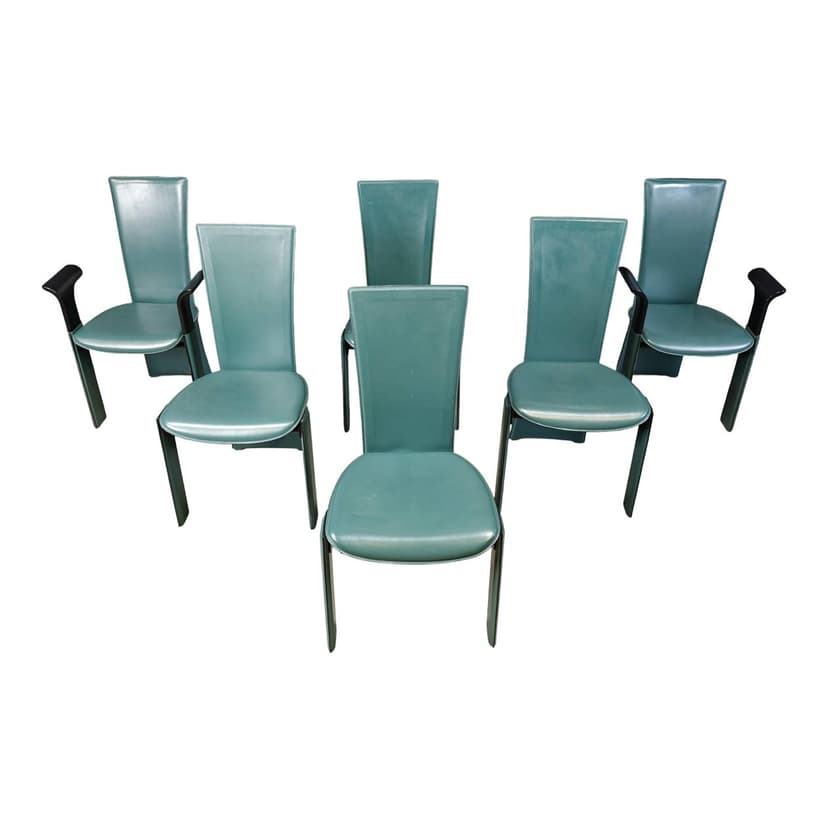 Set of six dining chairs, green leather, by P. Costantini, Italy, 1980s.