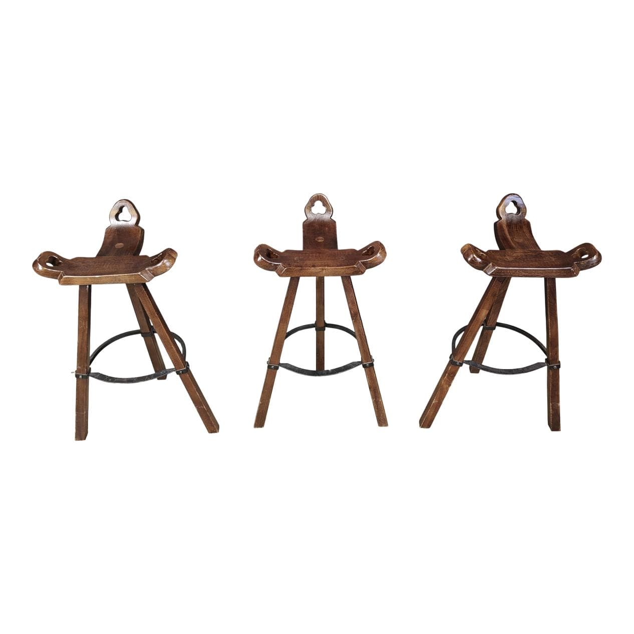 Zestaw trzech stołków barowych brutalistycznych, drewno brązowe, metal czarny, Hiszpania, lata 60.