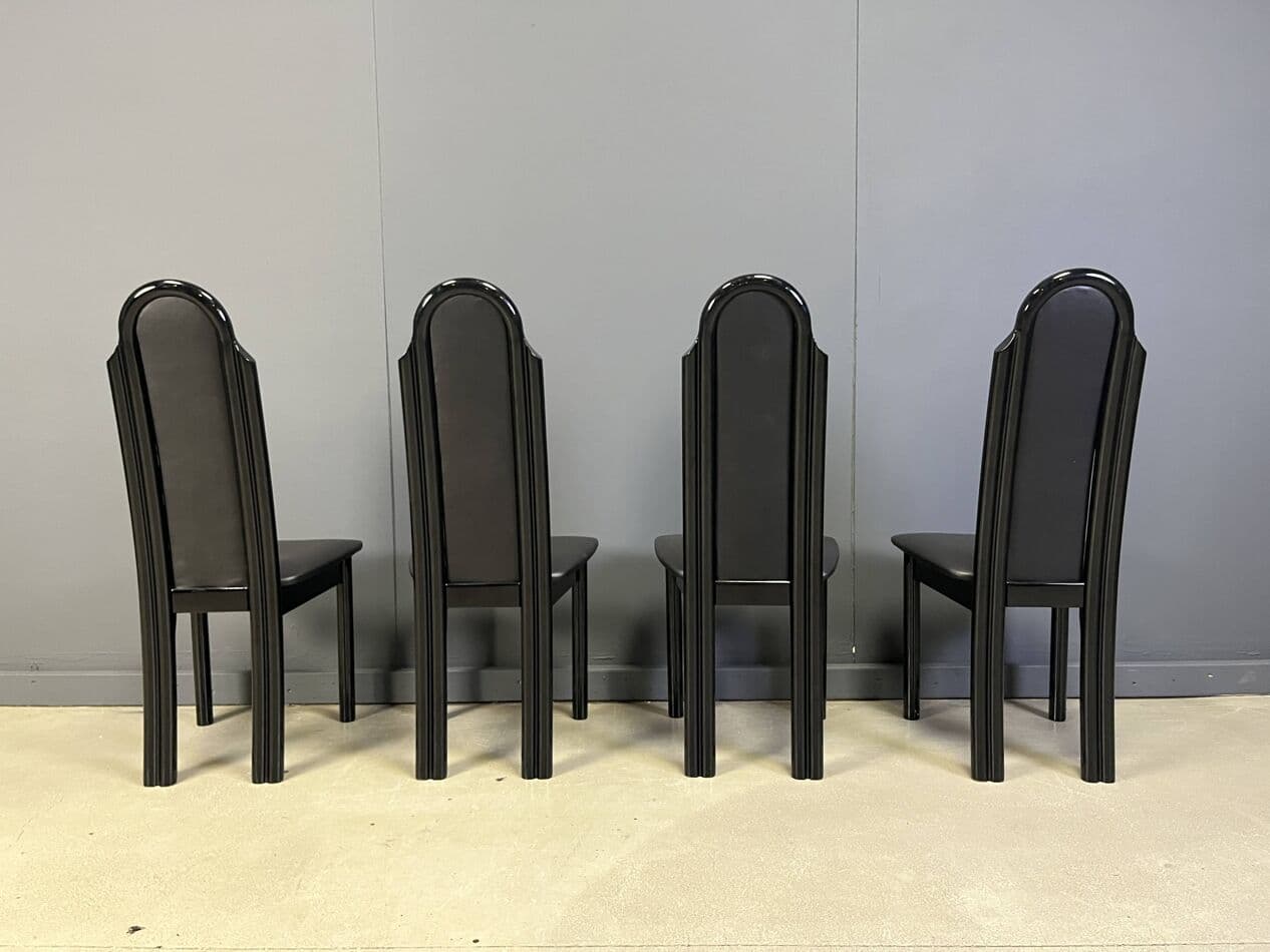Set of Four Postmodern Dining Chairs, black lacquered wood, Italy, 1980s. - 265001