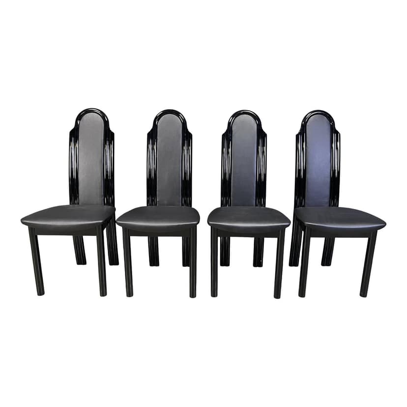 Set of Four Postmodern Dining Chairs, black lacquered wood, Italy, 1980s.