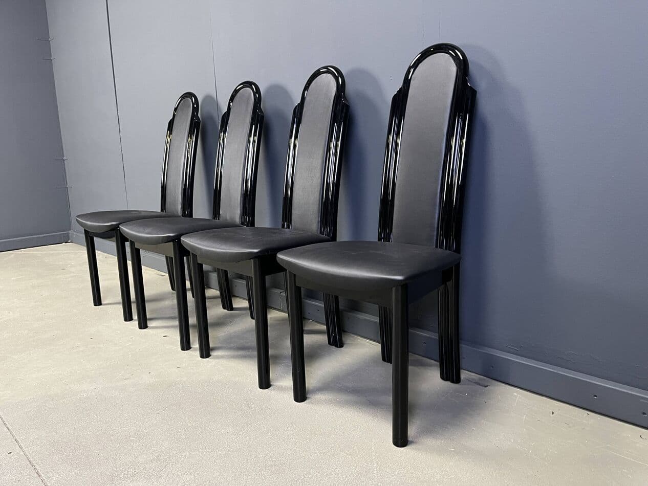 Set of Four Postmodern Dining Chairs, black lacquered wood, Italy, 1980s. - 265005