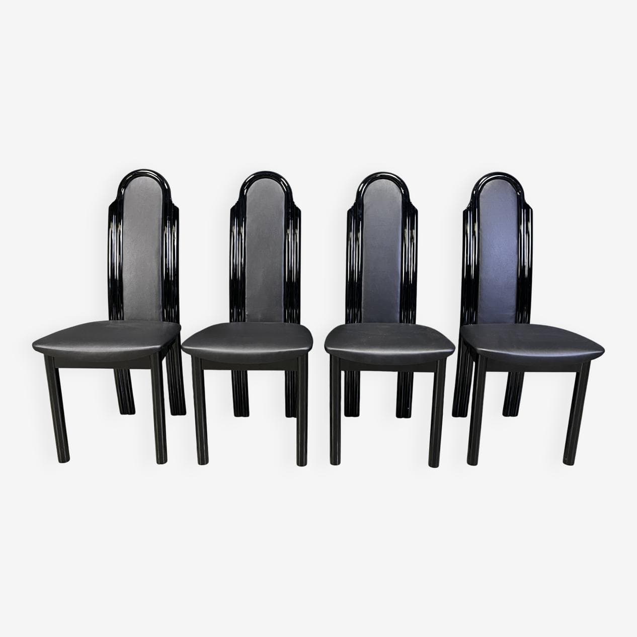Set of Four Postmodern Dining Chairs, black lacquered wood, Italy, 1980s. - 264998