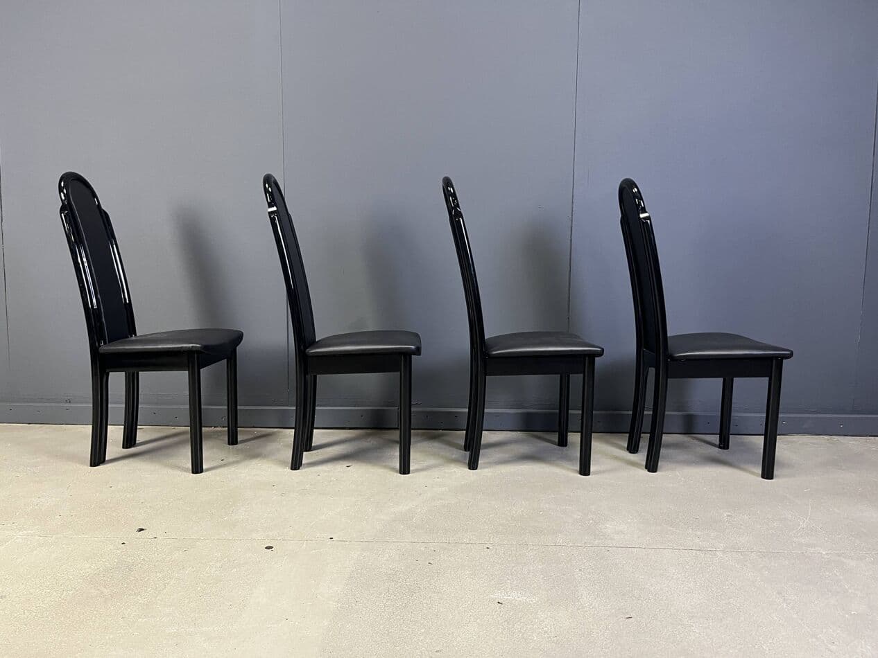 Set of Four Postmodern Dining Chairs, black lacquered wood, Italy, 1980s. - 265000