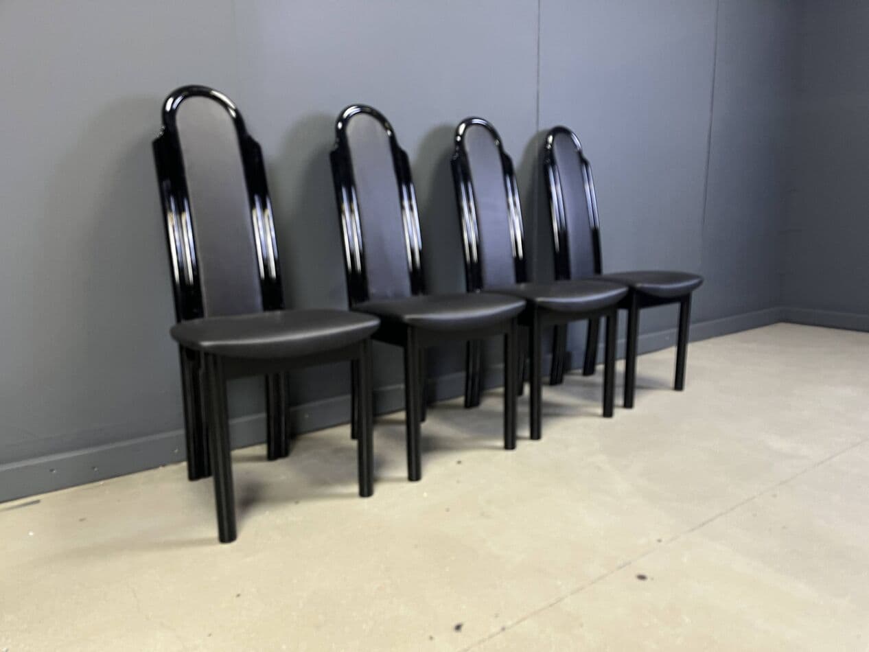 Set of Four Postmodern Dining Chairs, black lacquered wood, Italy, 1980s. - 265006