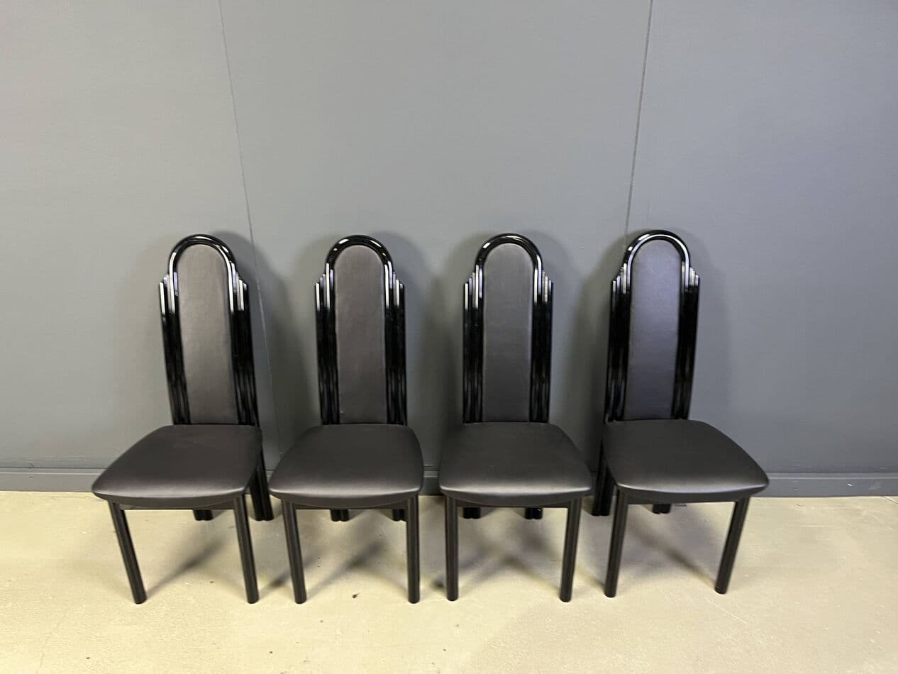 Set of Four Postmodern Dining Chairs, black lacquered wood, Italy, 1980s. - 264997
