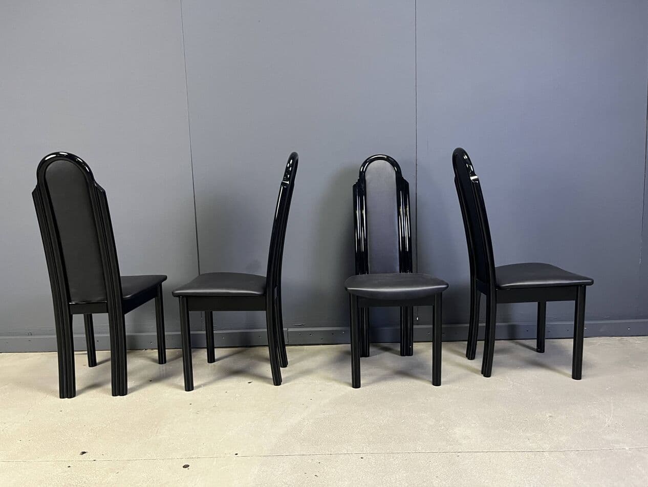 Set of Four Postmodern Dining Chairs, black lacquered wood, Italy, 1980s. - 264999