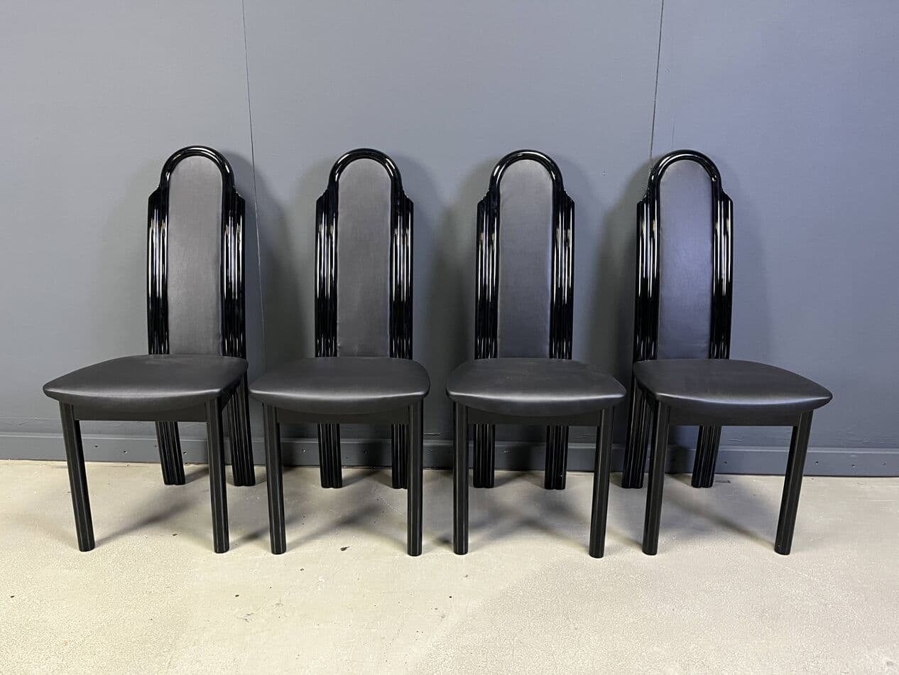 Set of Four Postmodern Dining Chairs, black lacquered wood, Italy, 1980s. - 264996