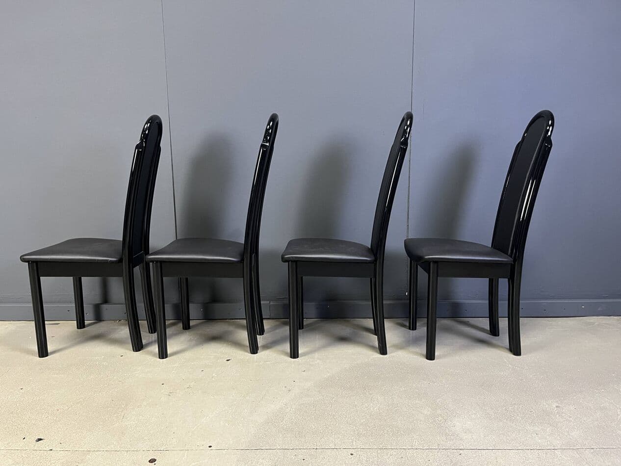 Set of Four Postmodern Dining Chairs, black lacquered wood, Italy, 1980s. - 265002