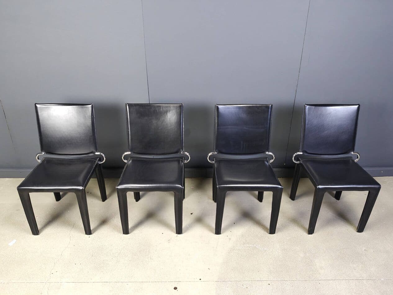 Set of four dining chairs, black leather, chrome, Italy, 1980s. - 264963