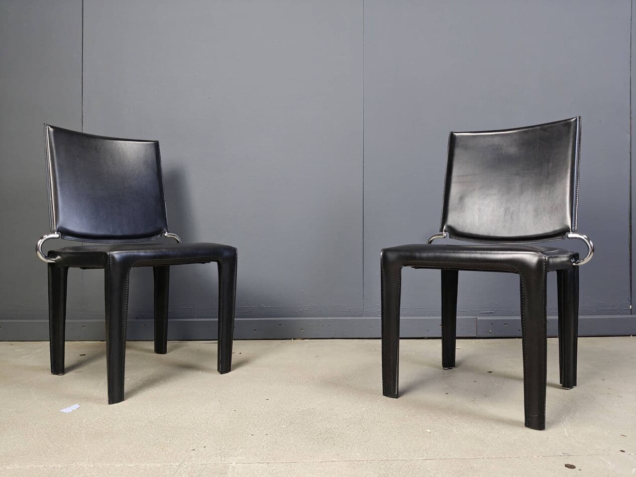 Set of four dining chairs, black leather, chrome, Italy, 1980s. - 264968