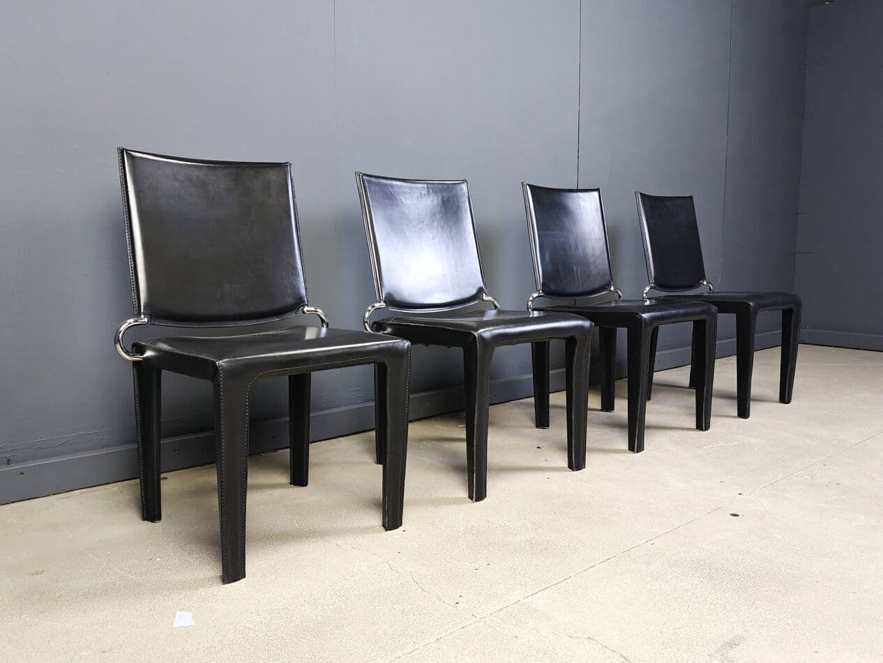 Set of four dining chairs, black leather, chrome, Italy, 1980s. - 264971